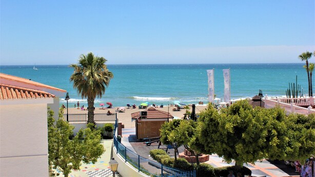Une vue sur la plage, avec des palmiers, un petit bâtiment et un ciel bleu dégagé.