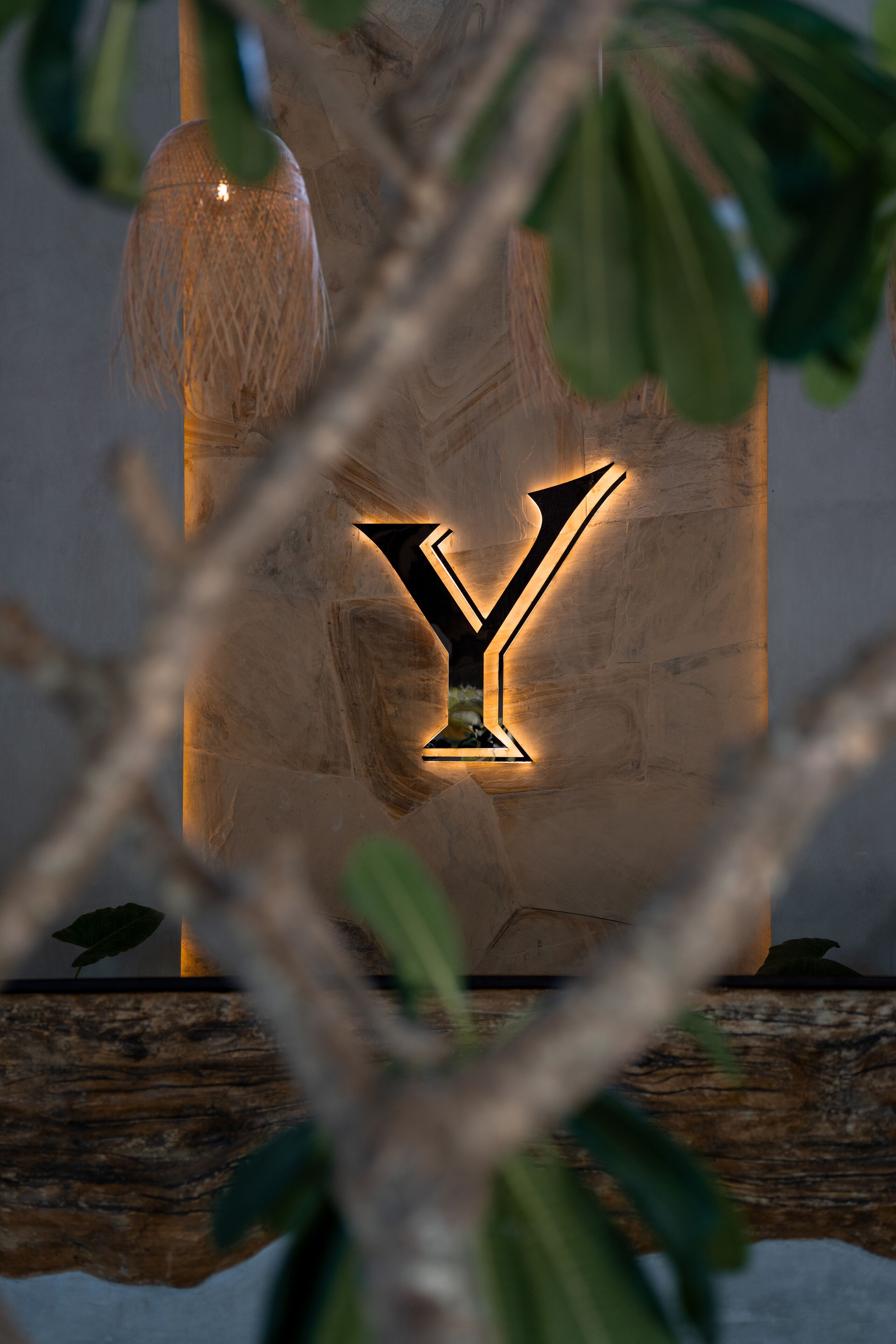 A wooden wall with a glowing 'Y' sign.