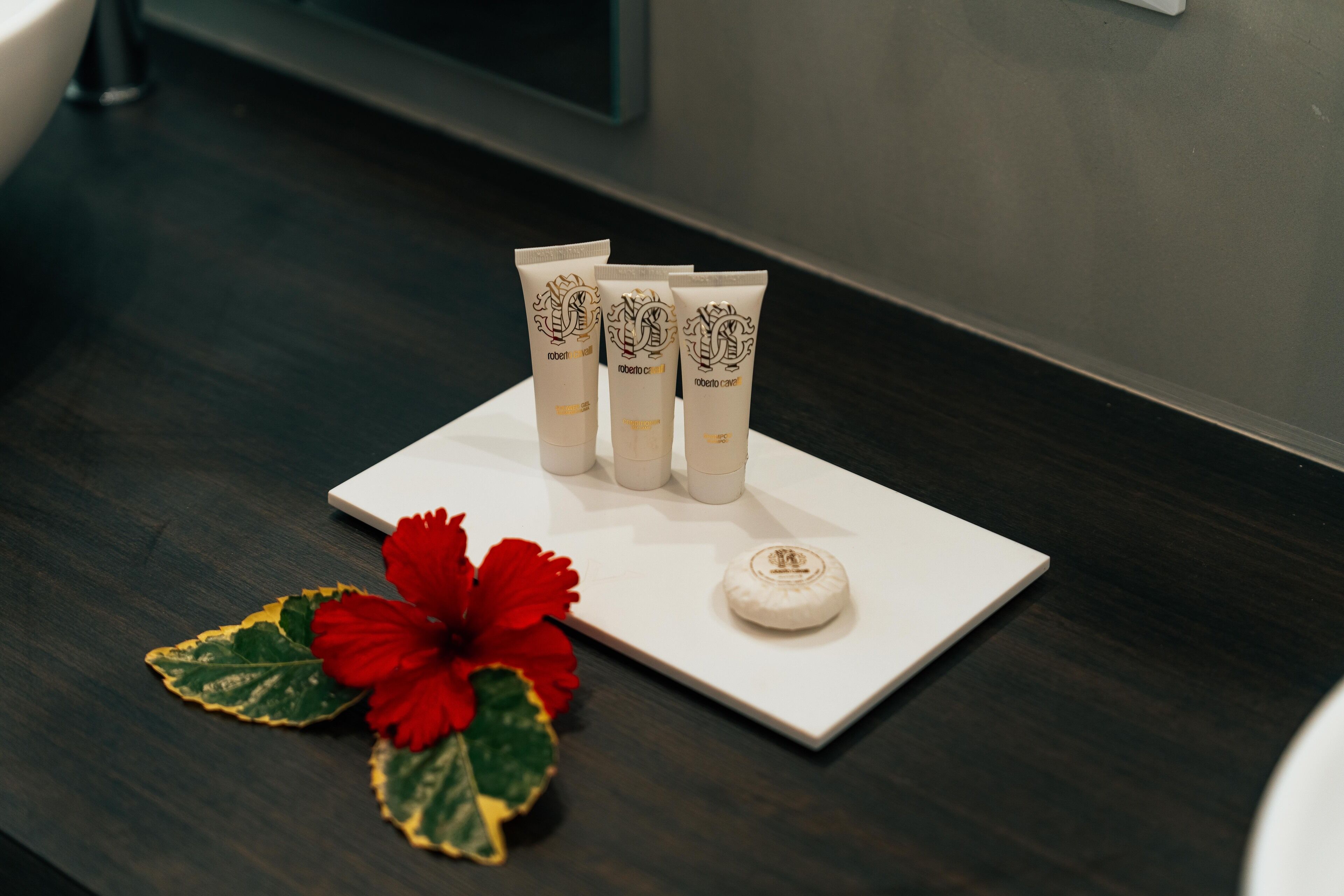 A white tray with four tubes of Roberto Cavalli body lotion and a small round container on a dark wooden surface.