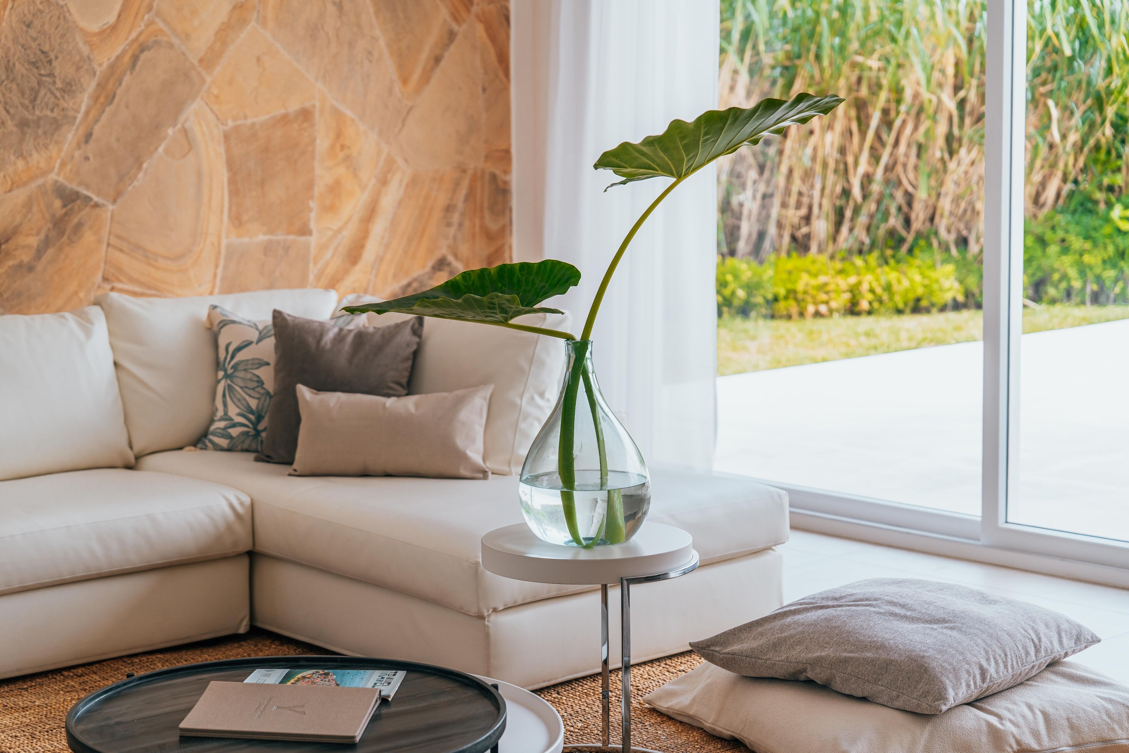 Una sala de estar moderna con un sofá blanco, un florero de vidrio con una planta y una mesa de centro con una revista.