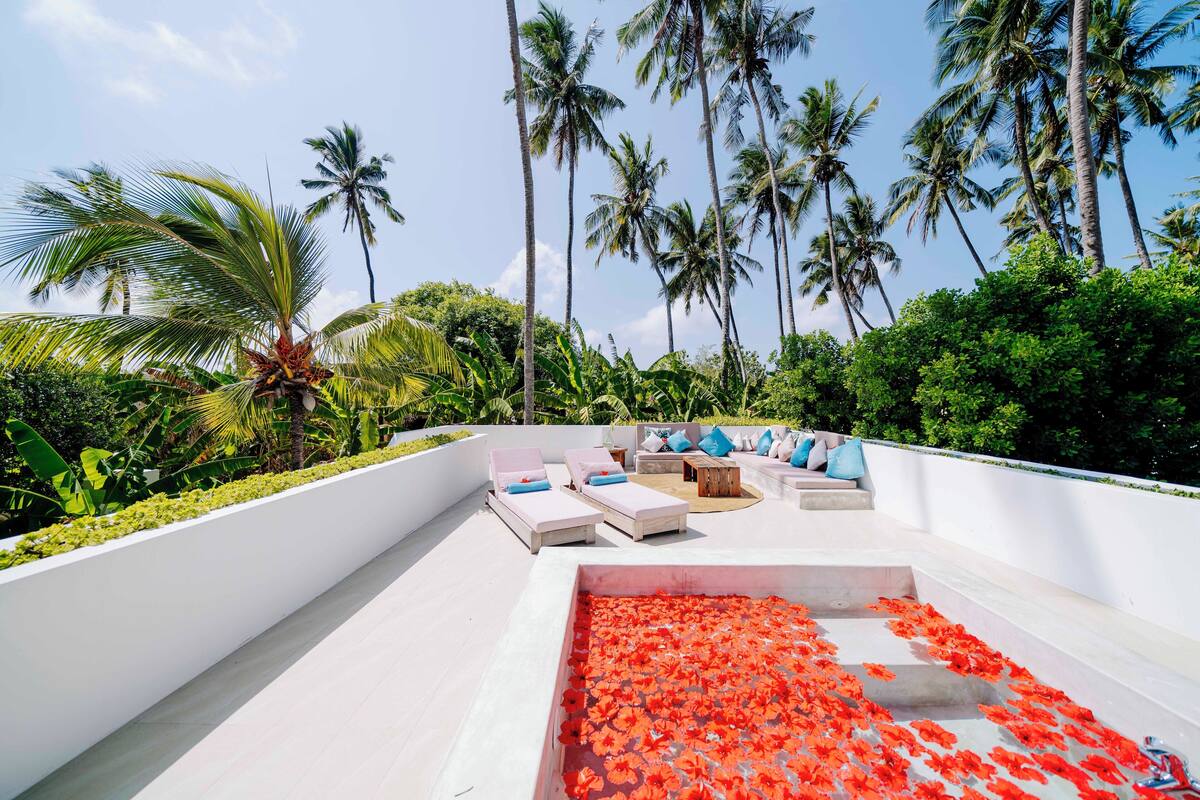 Eine Dachterrasse mit Liegestühlen und einem Pool, der mit roten Blütenblättern gefüllt ist.