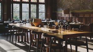 Un restaurante con una larga mesa de madera, varias sillas y copas de vino.