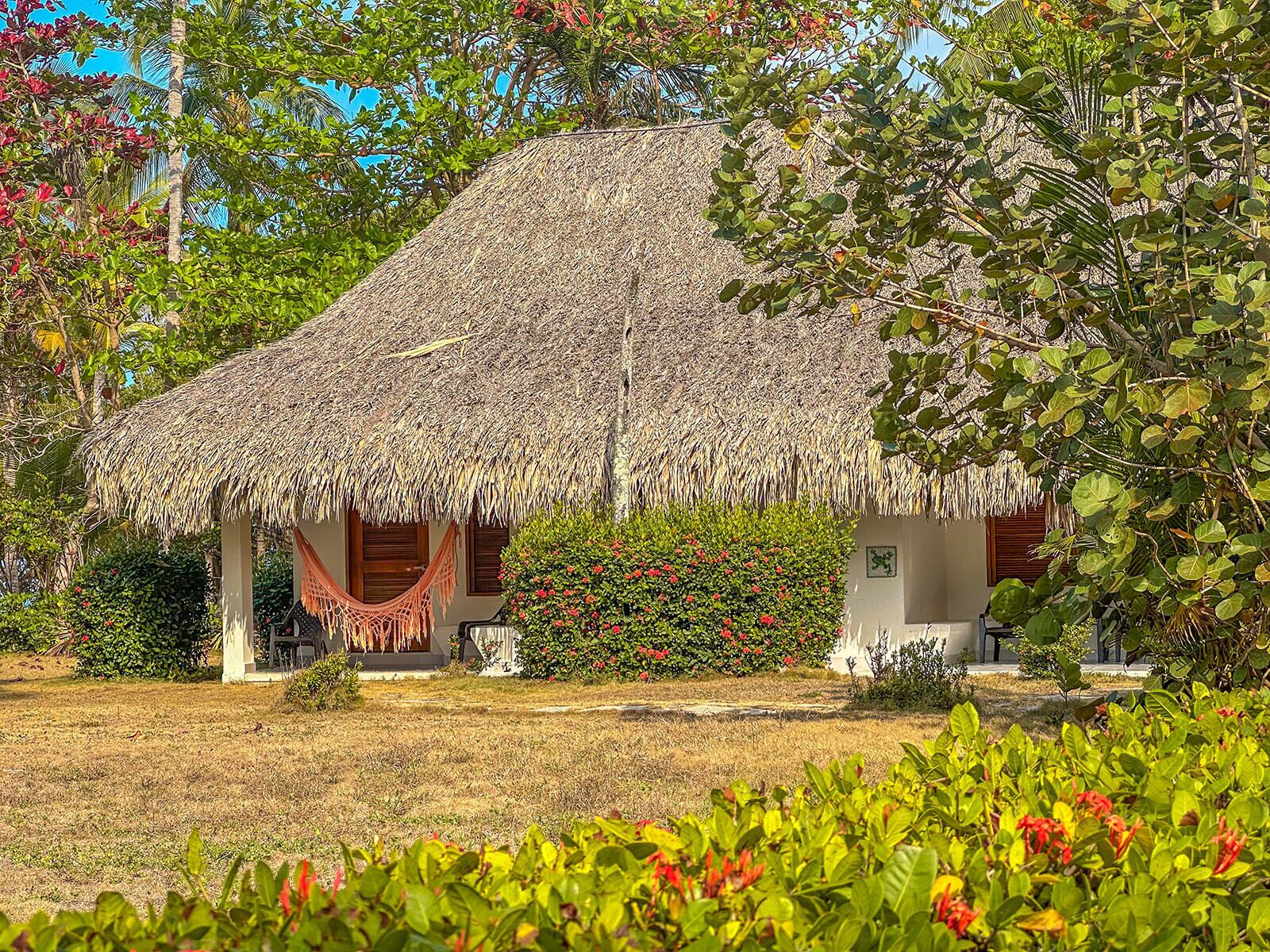 A thatched-roof hut with a hammock and a small garden area.