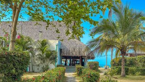 A pathway leading to a building with a thatched roof, surrounded by lush greenery and a clear blue sky.