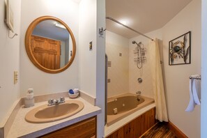 Combined shower/tub, jetted tub, hair dryer, towels