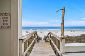 A wooden staircase leading to a beach with a sign that reads "PLEASE KEEP OFF THE DUNES." - Spectacular Gulf Front 30A! Private Pool & Gulf Views, Fall Specials! (Santa Rosa Beach)