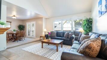 Smart TV, fireplace, foosball