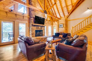 TV, fireplace, books