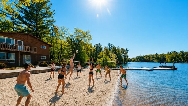 A beach volleyball game on a sandy shore with a lake and a dock in the background. - New! Spider Lake| Hot Tub| Sauna| Beach| No Bunks| (Traverse City)