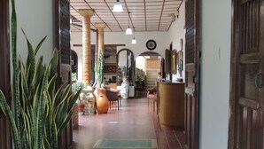 A hallway with a large potted plant, a wooden bench, and a reception desk. - HOTEL REAL (Ocaña)