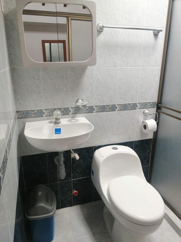 A bathroom with a white sink, a toilet, and a trash bin.