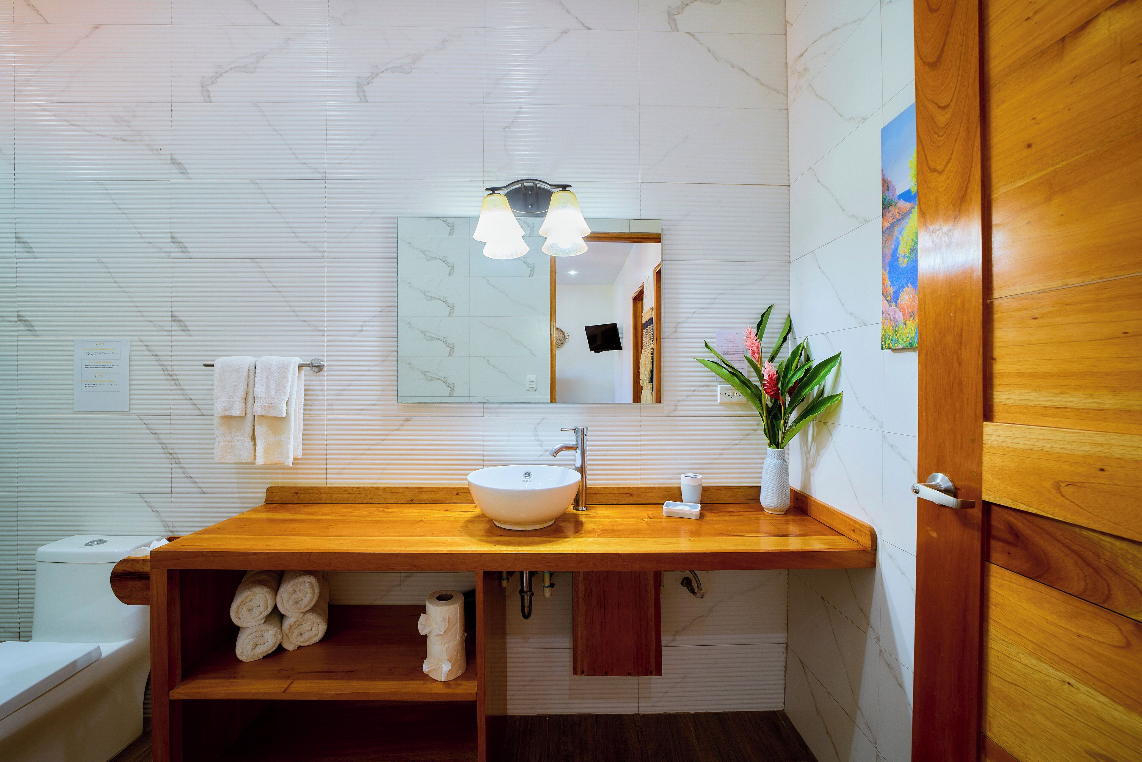 Een moderne badkamer met een houten wastafelmeubel, een witte wastafel en een spiegel. Boven de wastafel bevindt zich een handdoekhouder en een klein plankje met handdoeken en toiletpapier. Op het meubel staat een plant en aan de muur hangt een schilderij.