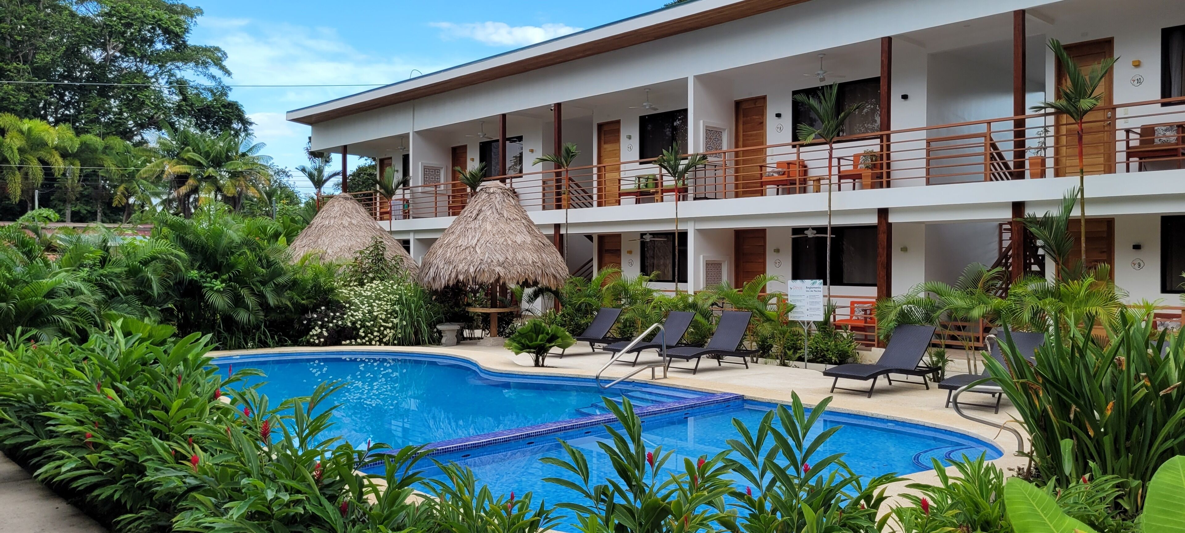 Un hotel con piscina rodeado de exuberante vegetación y sombrillas de paja.