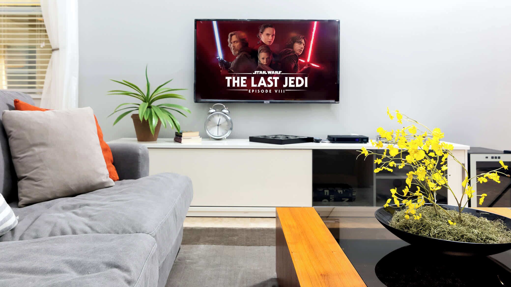 Ein Wohnzimmer mit grauem Sofa, einem Couchtisch, einem Fernseher der Film 'The Last Jedi' zeigt, einer Topfpflanze und einem kleinen Tisch mit Blumenarrangements.
