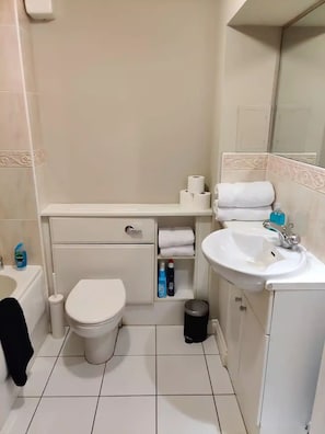 Combined shower/tub, hair dryer, towels, soap
