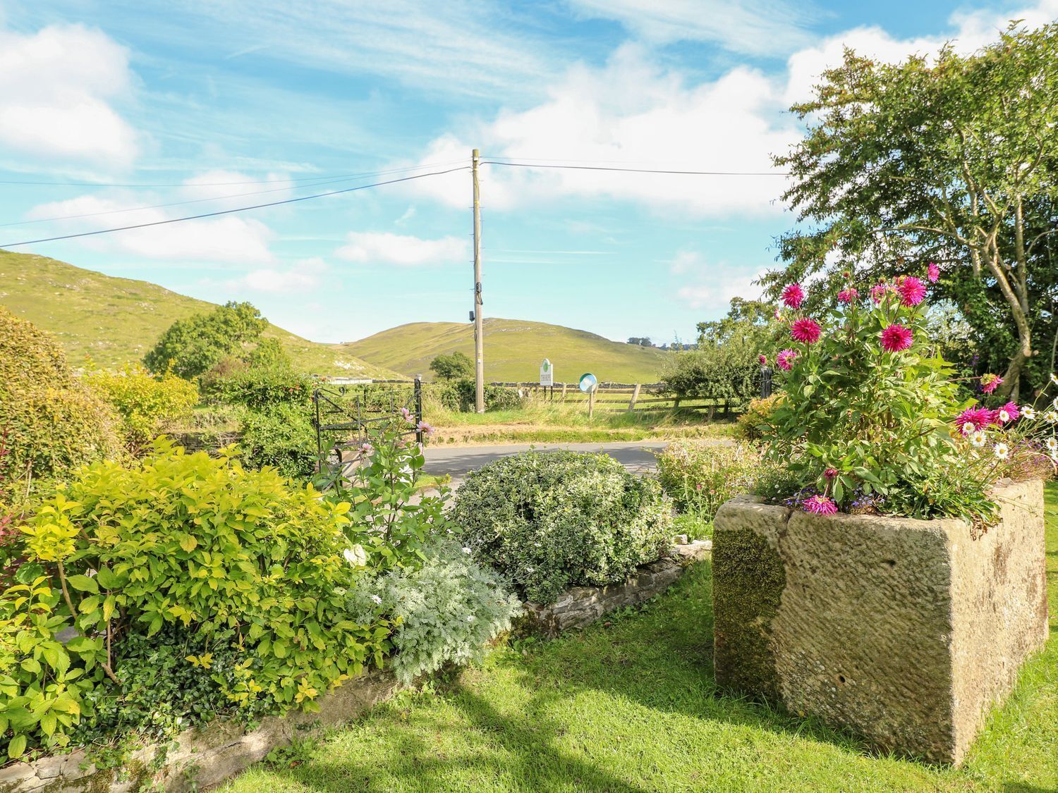 A rural landscape with a stone wall, lush greenery, and a clear sky.