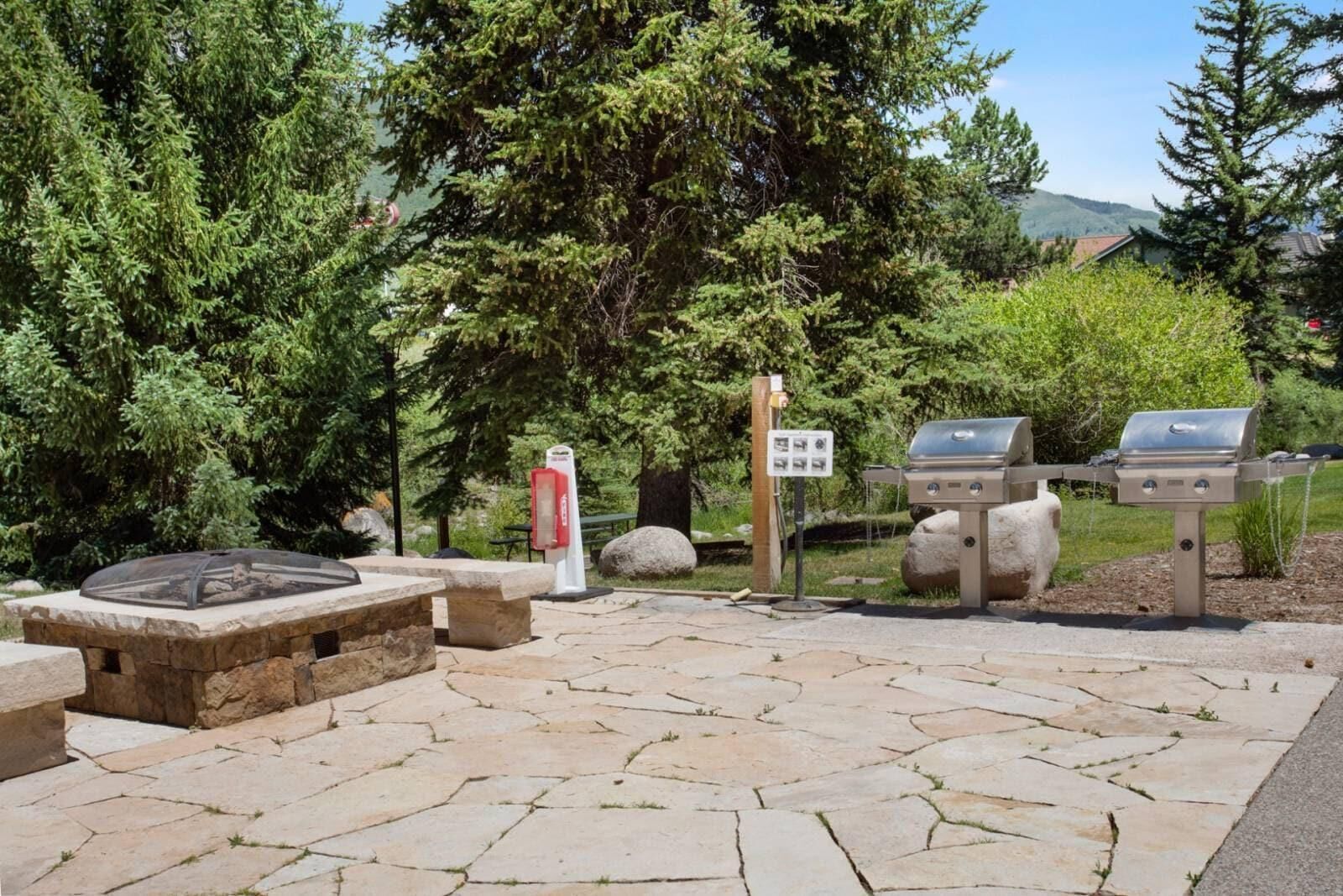 A stone patio with a fire pit, outdoor grills, and a picnic table.