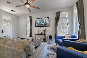 Smart TV, fireplace, video game console, table football