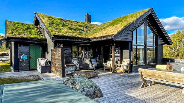 Una casa moderna con techo de pasto, una terraza de madera y un amplio ventanal.