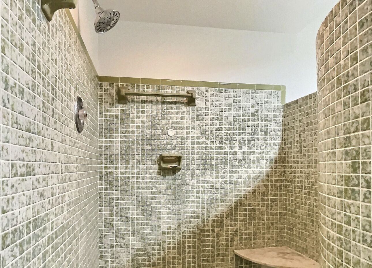 Kylpyhuone, jonka seinät on päällystetty mosaiikkilaatoilla, ja jossa on suihkupää sekä wc-istuin.