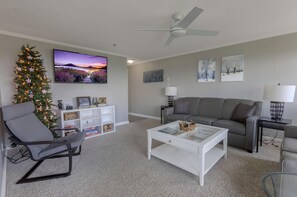 Smart TV, chimenea, libros y videoteca