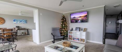 TV connectée, cheminée, livres, vidéothÚque