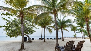 A beach with palm trees, lounge chairs, and a view of the ocean. - Beachfront 2BR Villa with Pool & Spacious Layout (Placencia)