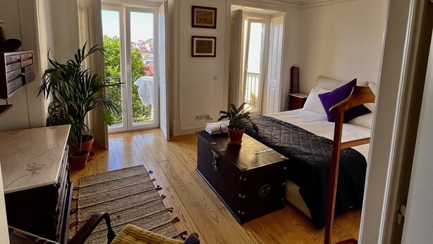 Ein geräumiges Zimmer mit einem Bett, einem Schreibtisch und einem Essbereich. Zwei Kübelpflanzen und eine Kristallleuchter sind vorhanden.