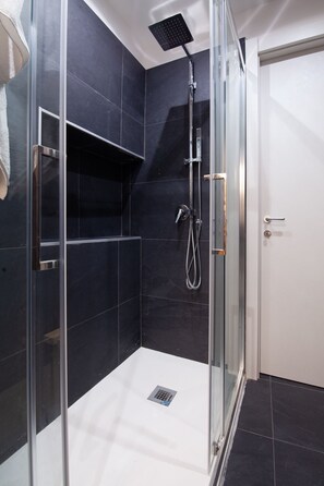 Shower, hair dryer, bidet, towels