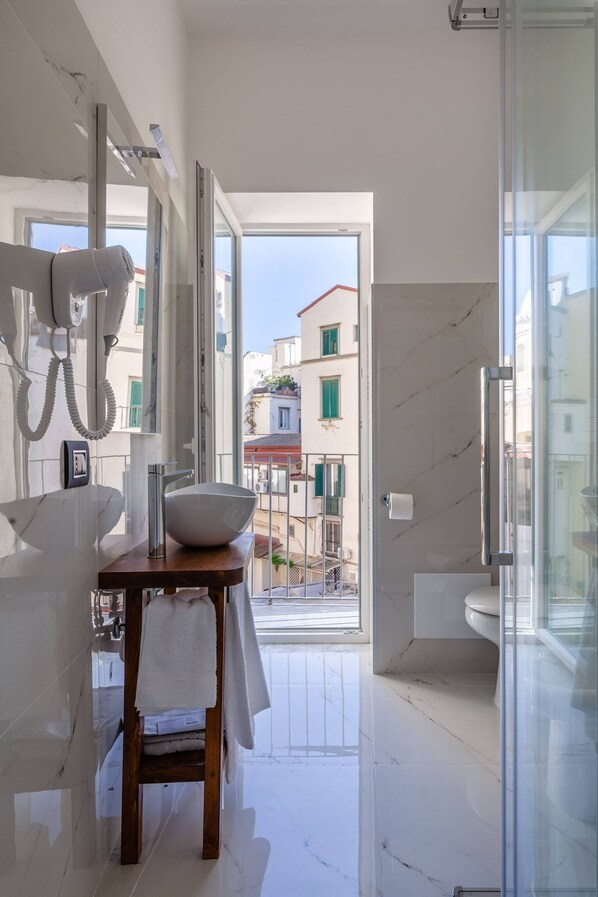 Shower, hair dryer, bidet, towels