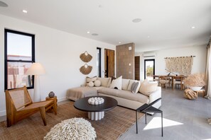 Smart TV, fireplace, books, printers