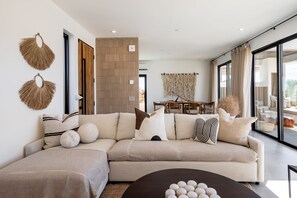 Smart TV, fireplace, books, printers