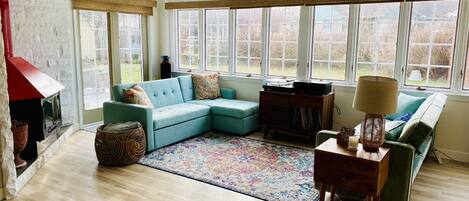 Una Smart TV, una chimenea, un reproductor de DVD, libros