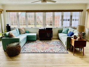 Smart TV, chimenea, reproductor de DVD y libros 