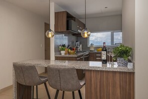 Fridge, microwave, oven, stovetop
