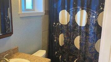 Shower, hair dryer, soap, toilet paper