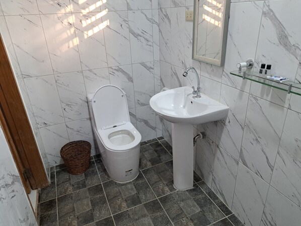 Une salle de bain avec des toilettes, un lavabo et des carreaux de marbre.