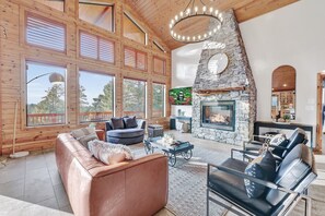 Smart TV, fireplace, foosball, books