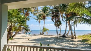 Vista sulla spiaggia dal balcone, con palme e cielo sereno.