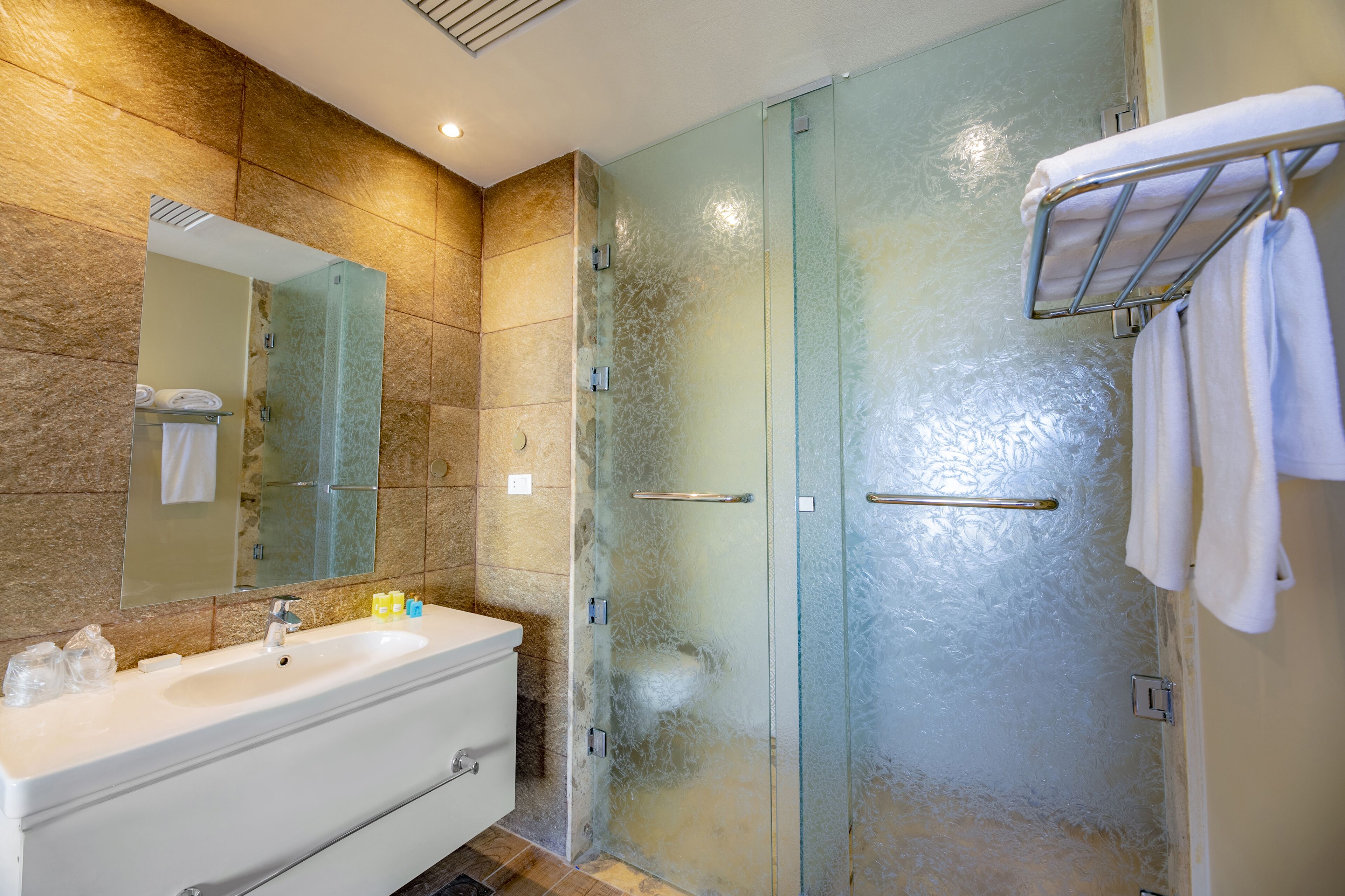 A modern bathroom with a glass shower enclosure, a white sink, and a towel rack.