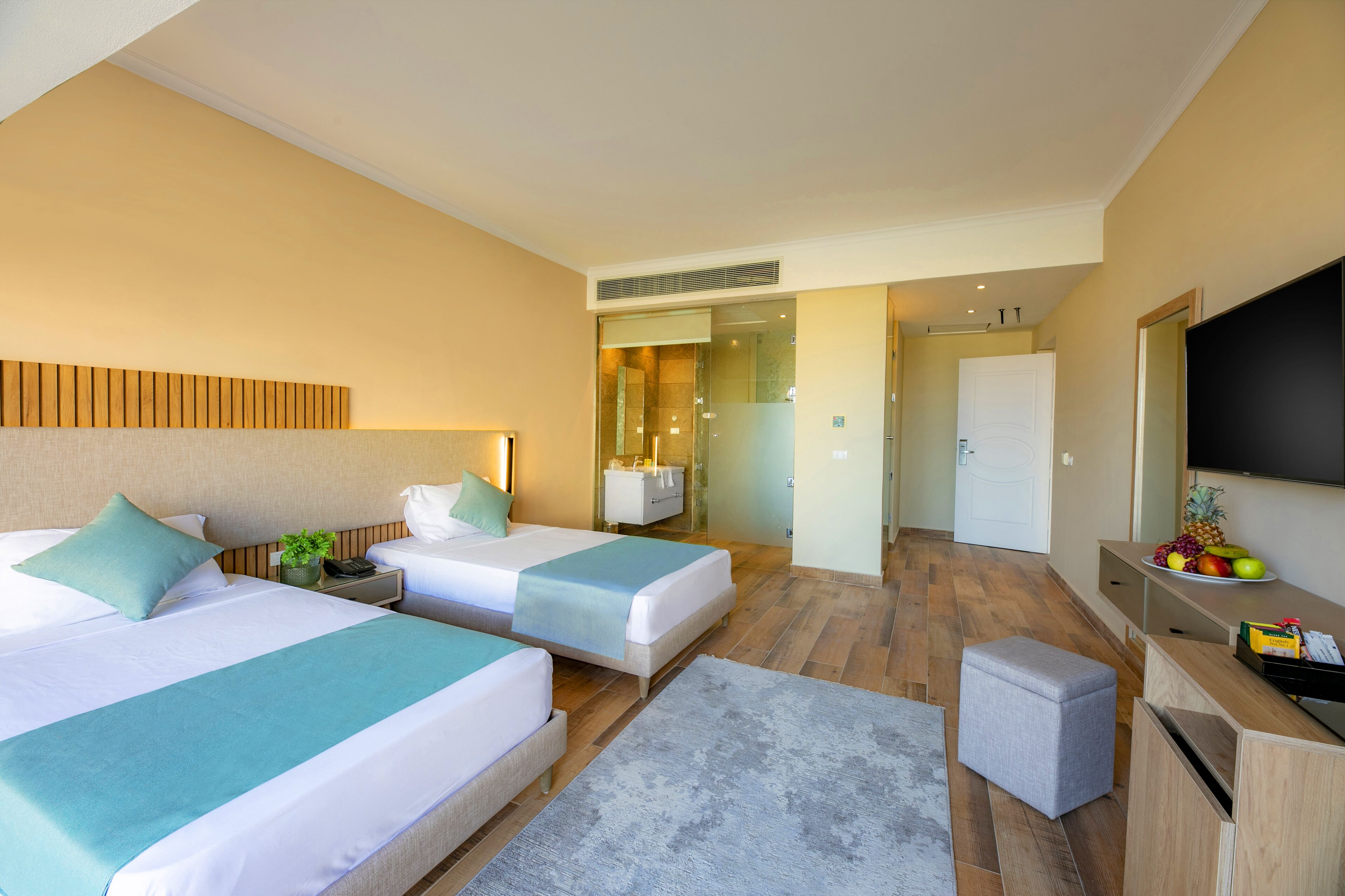 Habitación de hotel con dos camas, televisor, una kitchenette pequeña y un baño visible a través de una puerta de cristal.