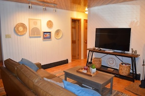 Smart TV, chimenea y libros