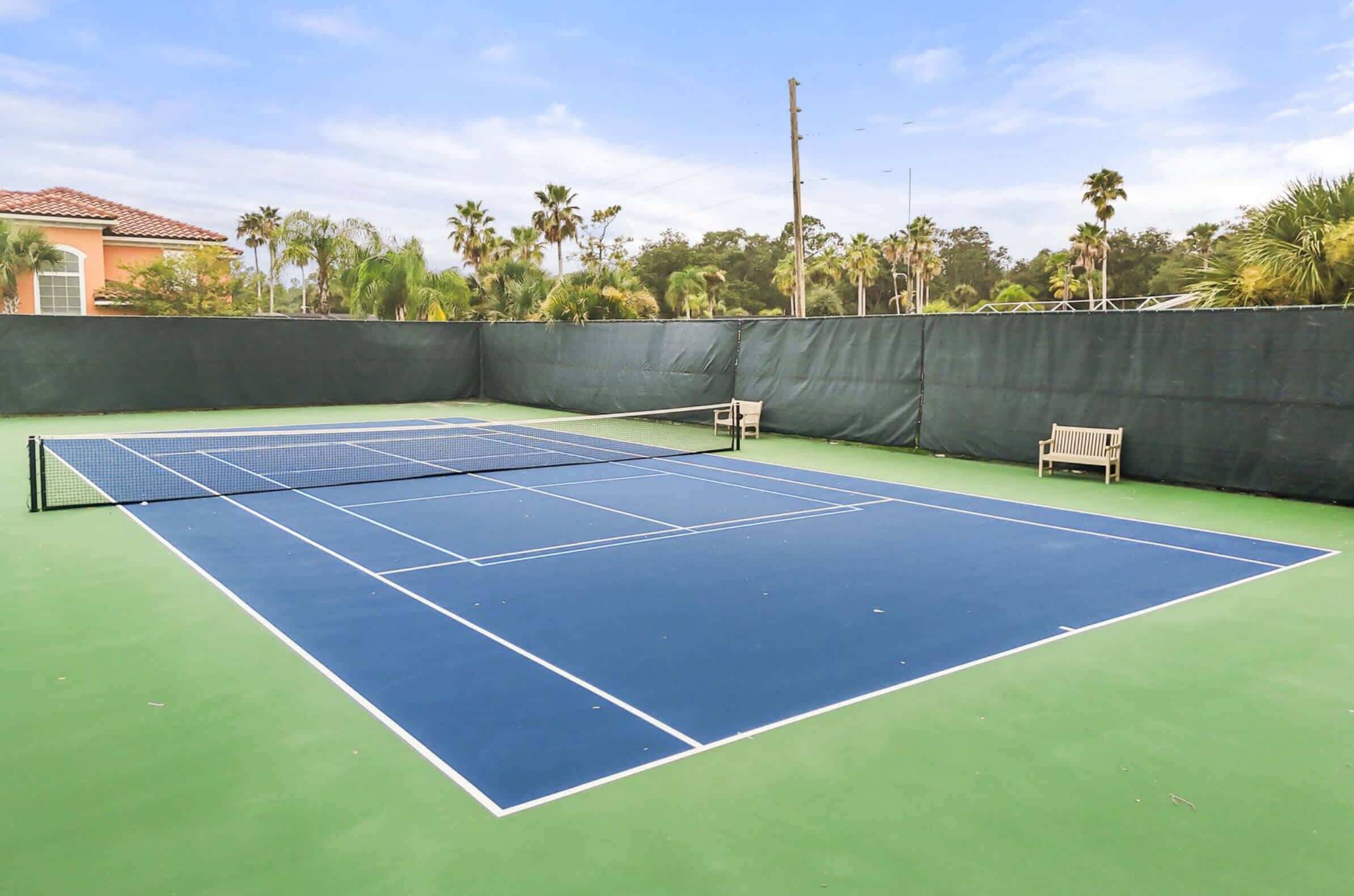 A tennis court with a net, surrounded by a green wall and palm trees.