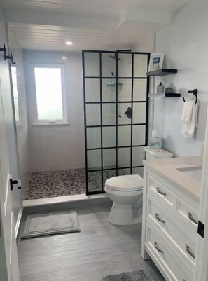 Regadera, secadora de cabello, toallas, papel de baño 