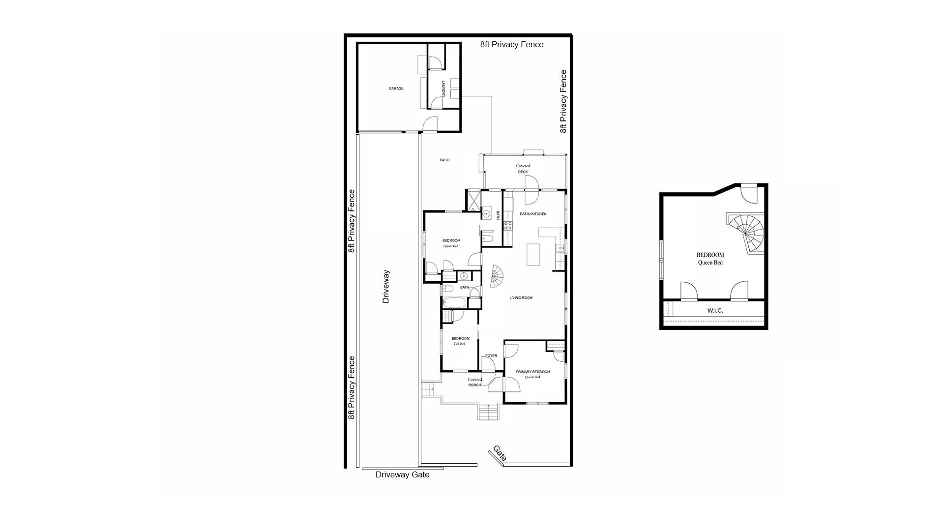 A floor plan of a house with an 8ft privacy fence, a covered deck, a garage, a patio, a driveway gate, and a bedroom labeled 'Queen Bed'.