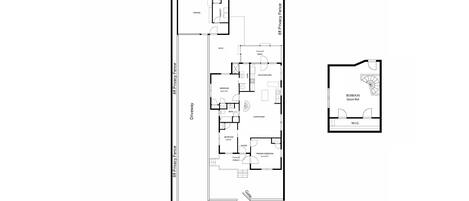 A floor plan of a house with an 8ft privacy fence, a covered deck, a garage, a patio, a driveway gate, and a bedroom labeled 'Queen Bed'.