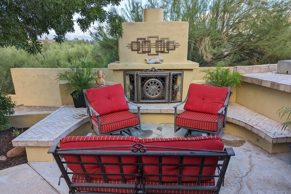 Wood Burning Fireplace in Patio Area - Seating along with ample Bench Seating