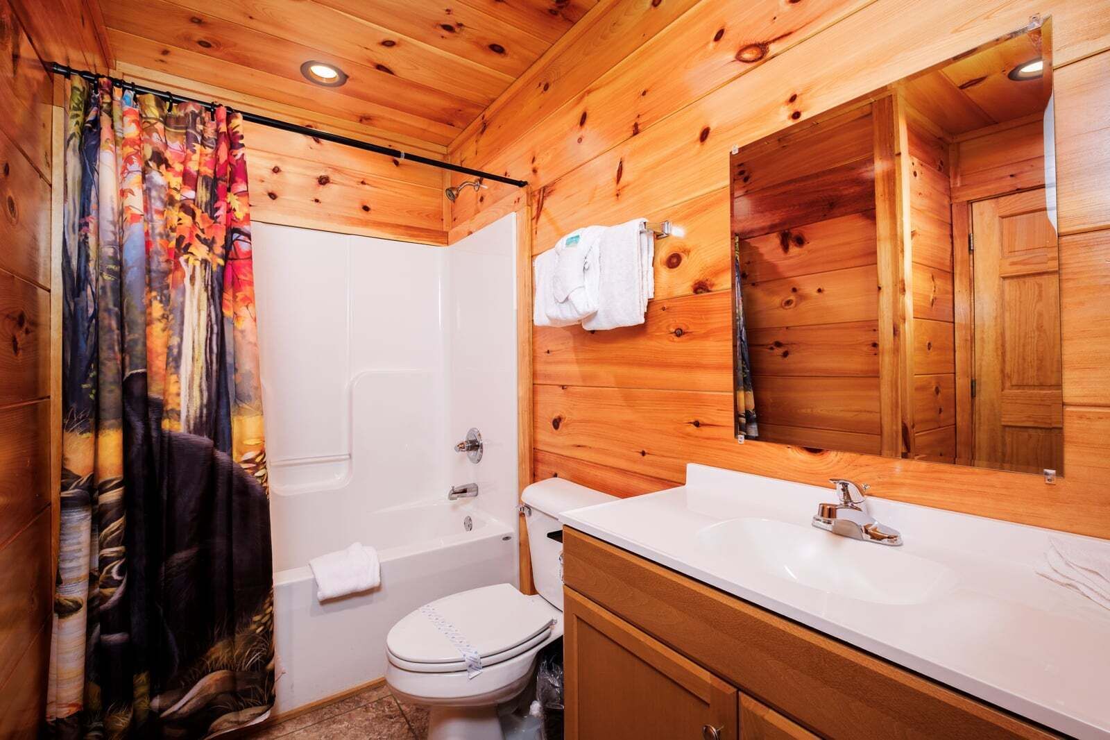 A wooden cabin bathroom with a shower, toilet, sink, and mirror.