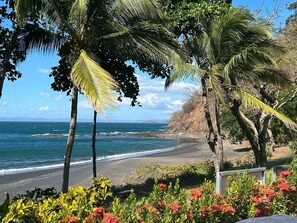 On the beach, sun loungers, beach towels