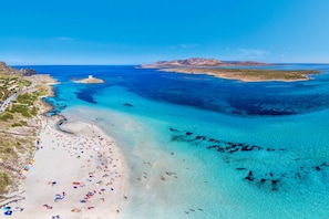 An aerial view of a beach with clear turquoise waters, a sandy shore, and a small island in the distance.